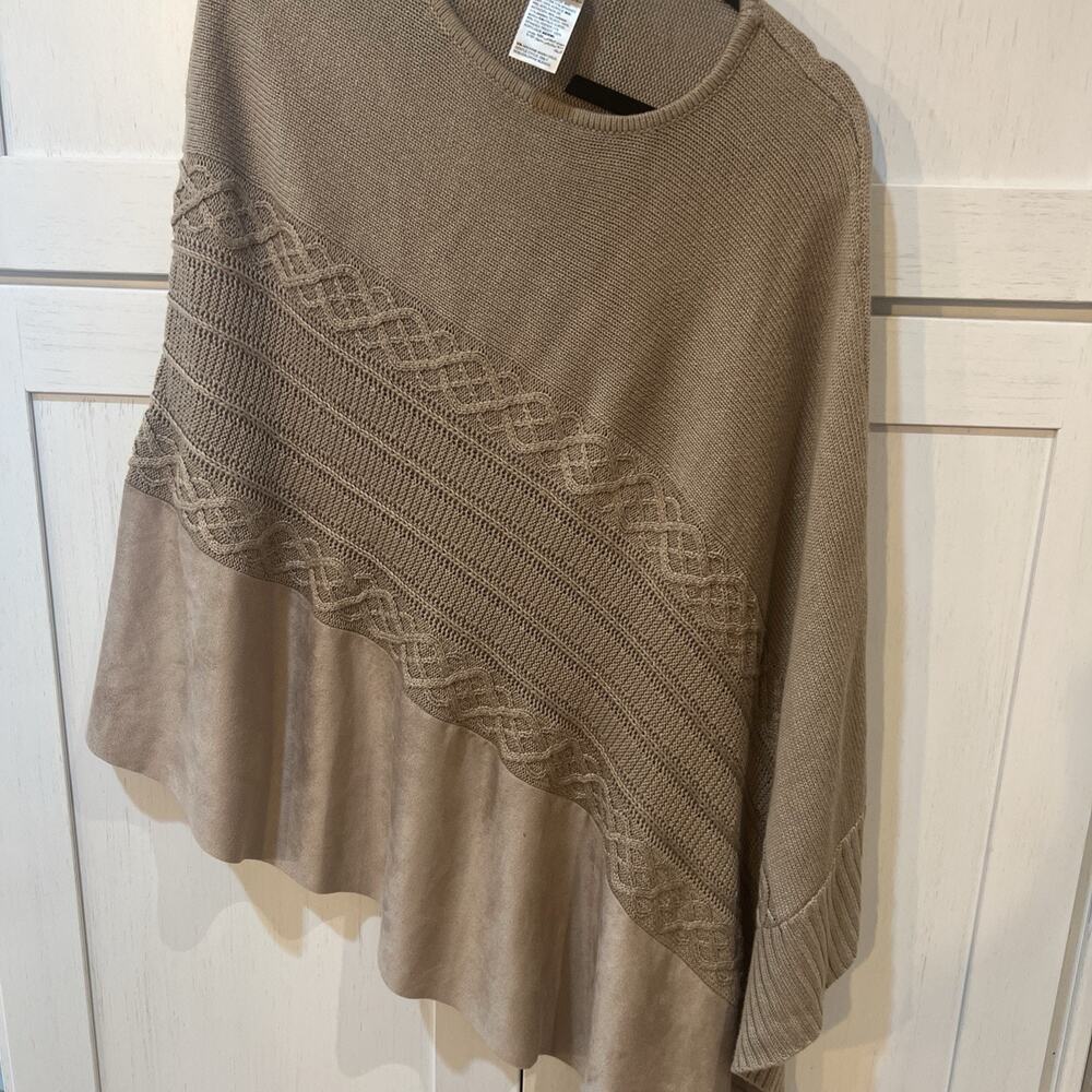 Chico s sueded trim knit poncho tan brown asymmetrical size xl. - Picture 2 of 8